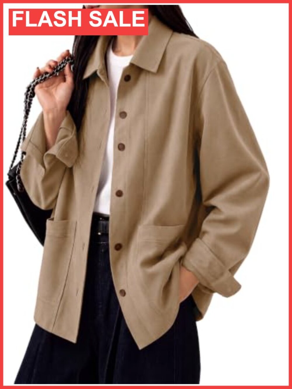 Faux Suede Jacket Womens Oversized Button Front Utility Pockets Fall Coat